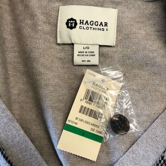 Vintage NWT Haggar Clothing Men's Argyle Sweater Vest Large Button Up Tan Black - Picture 3 of 6